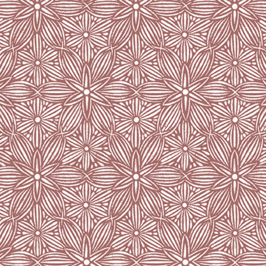 Intricate brown and white floral pattern with overlapping symmetrical flowers and leaves.