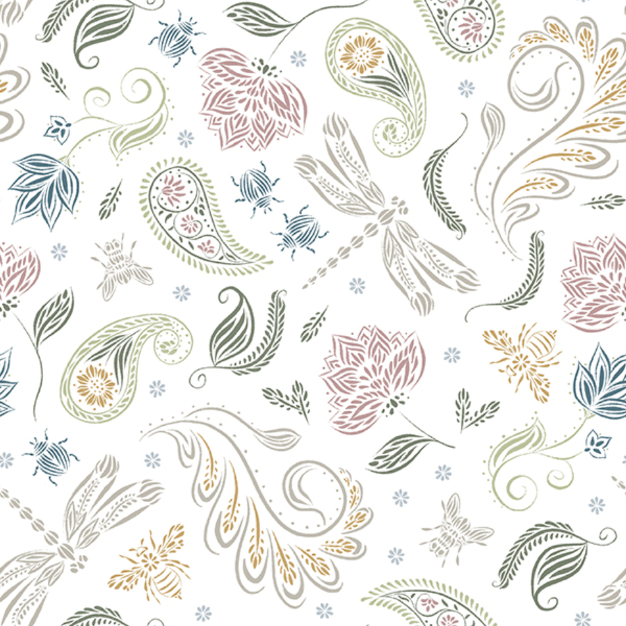 Pattern of floral and botanical designs with leaves, flowers, and insects in pastel colors on a white background.