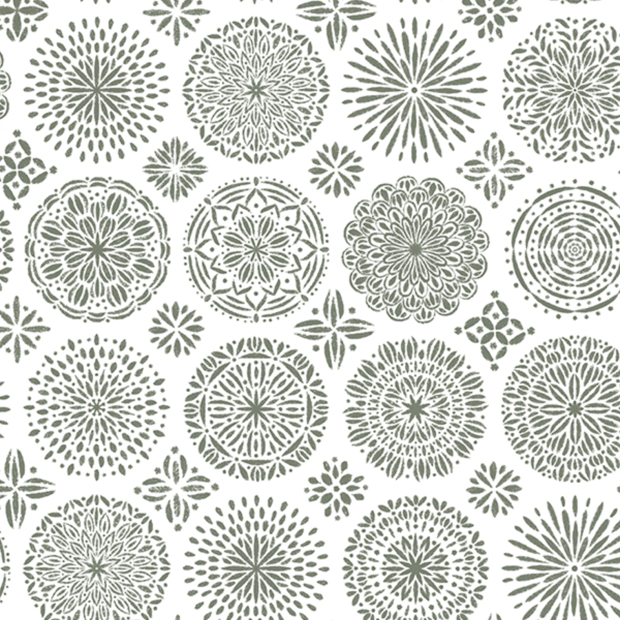 Pattern of various circular, floral, and starburst designs in green on a white background.