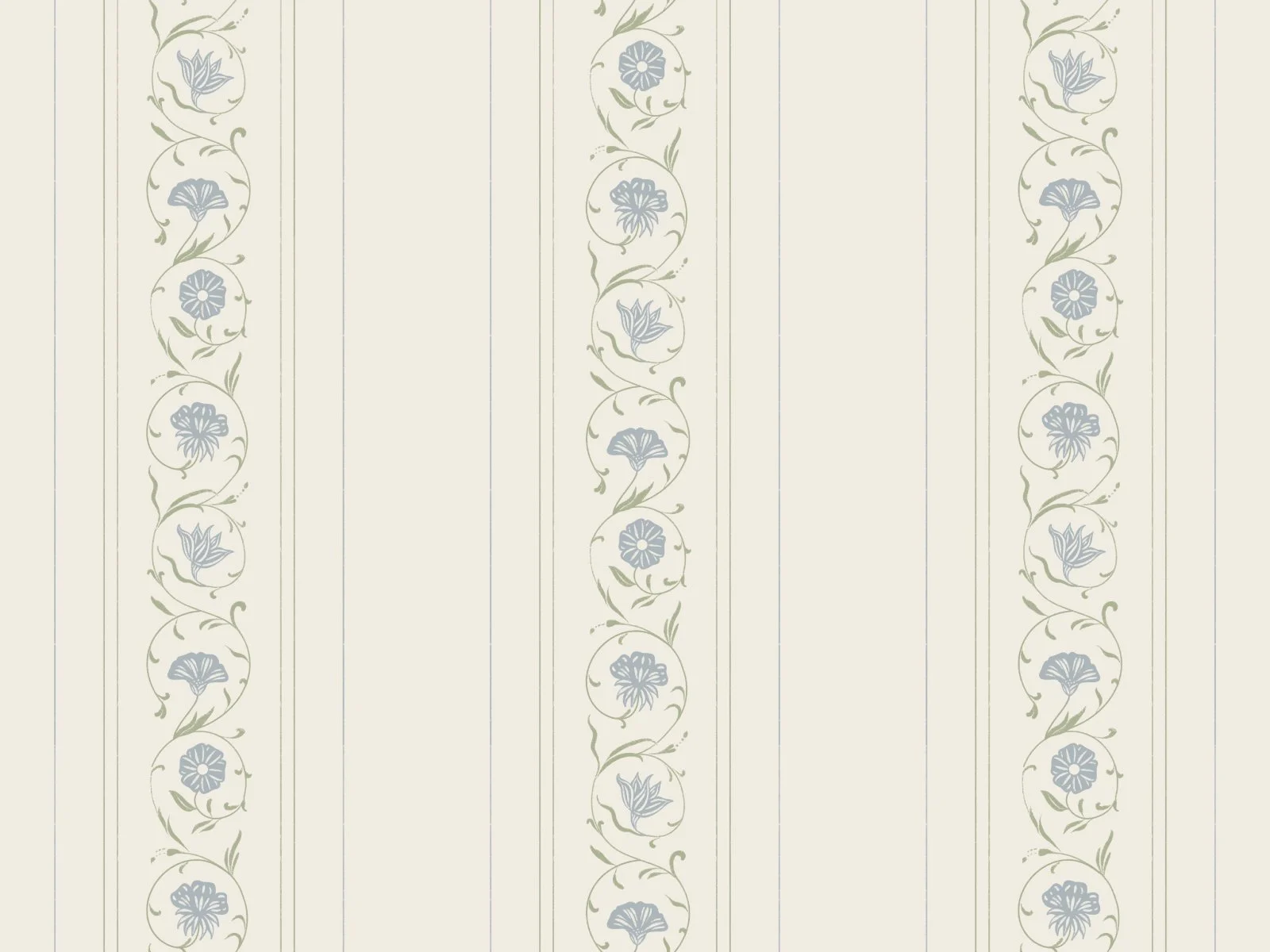 Vertical floral wallpaper with alternating patterns of blue flowers and green leaves on a light beige background.