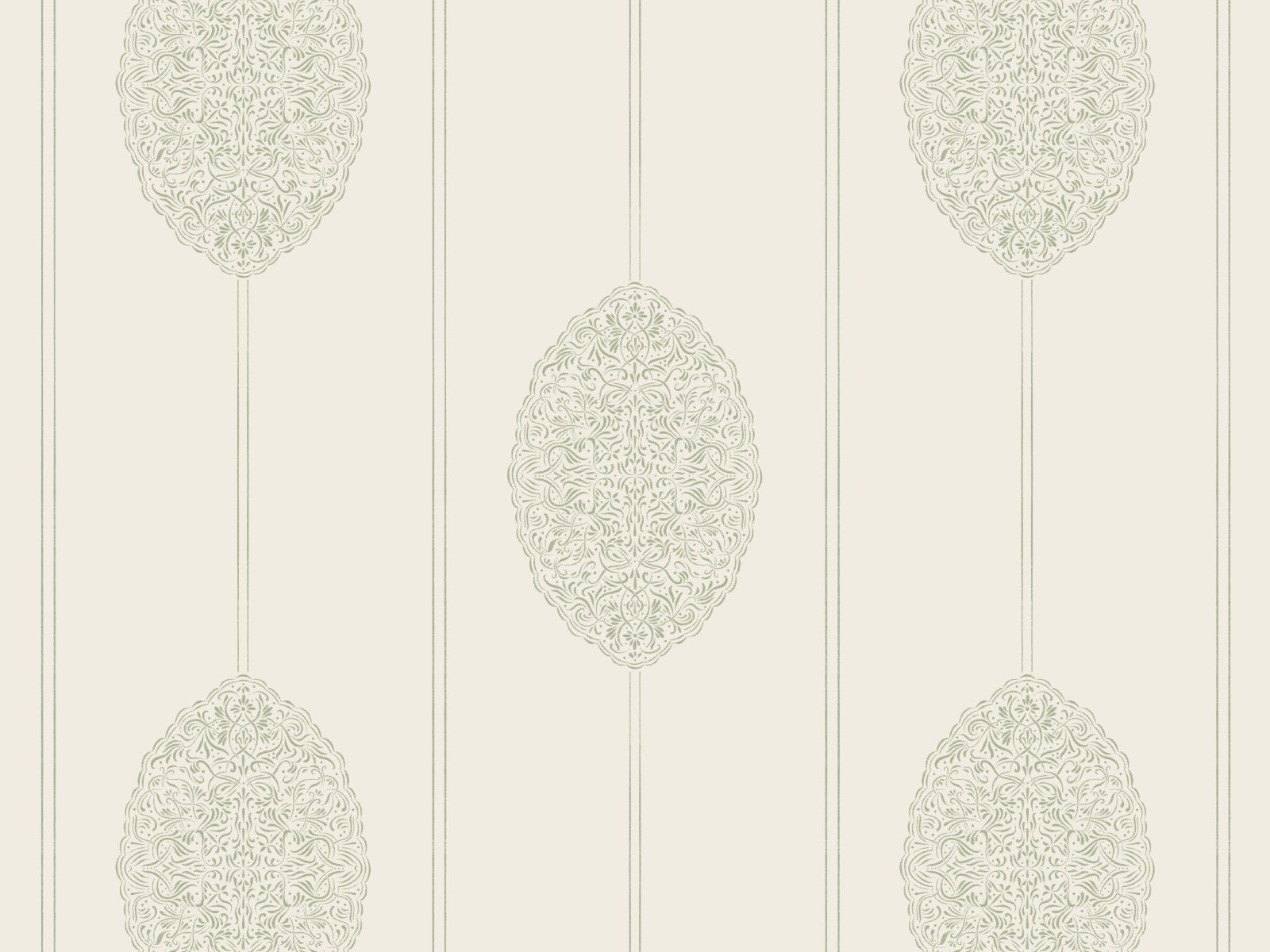 Patterned wallpaper with symmetrical ornate designs in beige and cream tones.