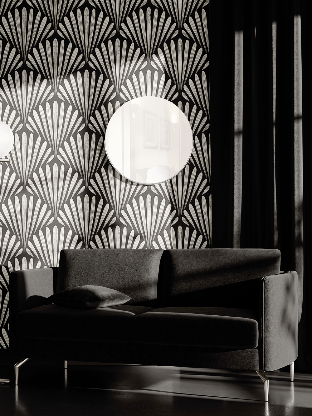 A black sofa with a pillow on it, positioned in front of a wall with black and white art deco wallpaper featuring a fan pattern, with a round mirror hanging on the wall.