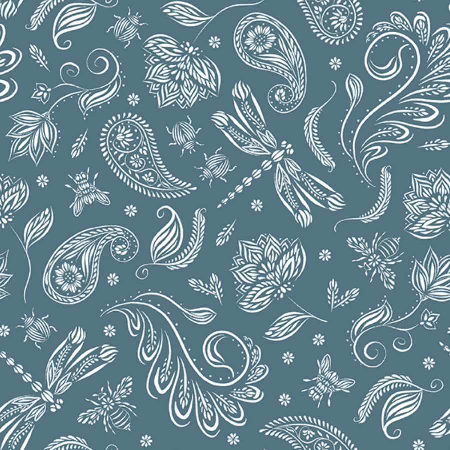 White paisley, floral, and leaf patterns on a blue background.