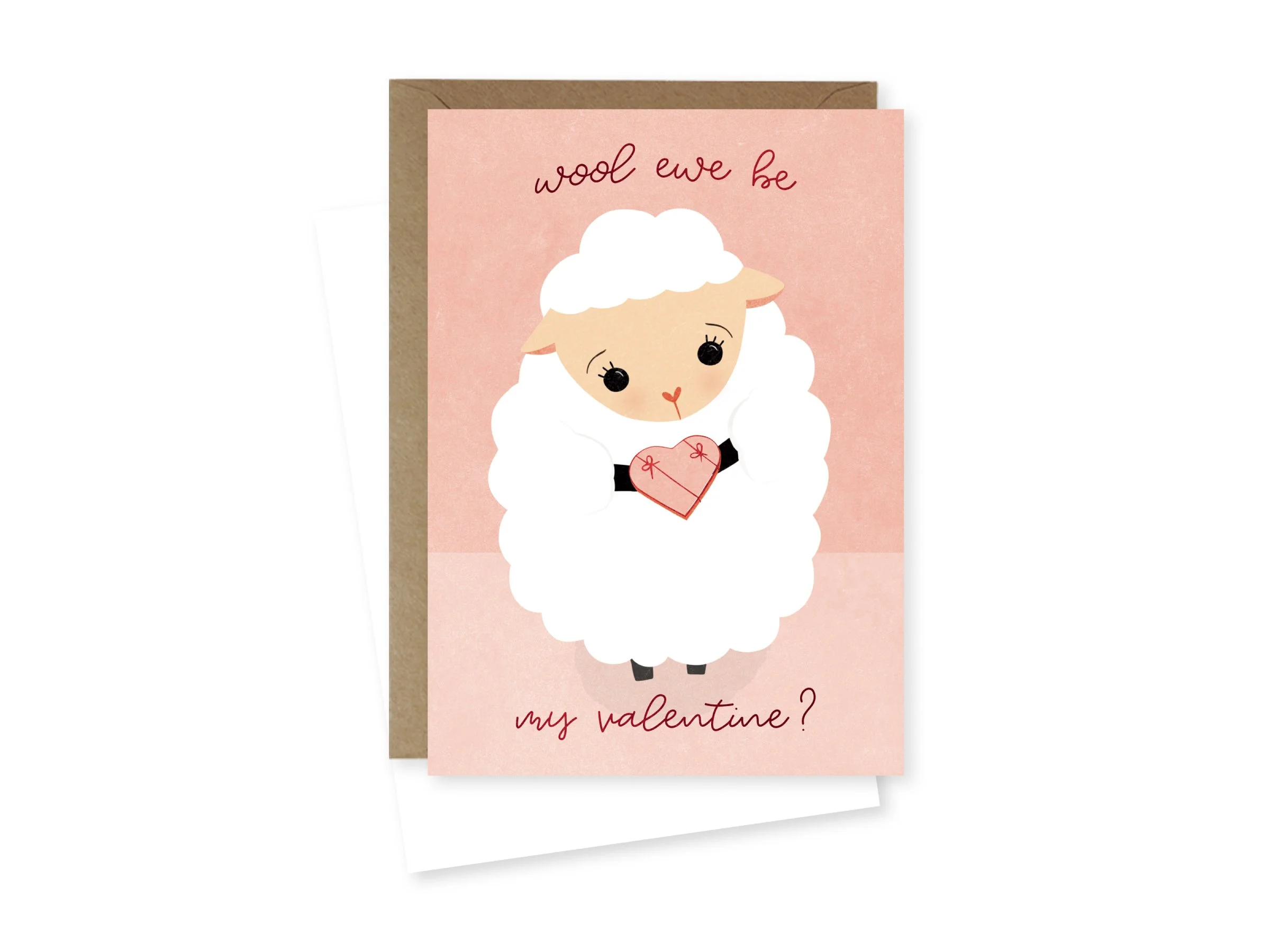 A pink Valentine's Day card with a cartoon sheep holding a heart-shaped gift and the text 'wool ewe be my valentine?'
