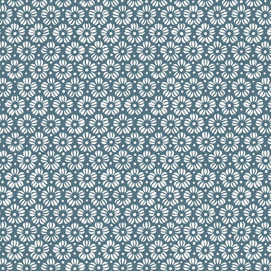 A repeating pattern of white daisies with petals and centers, on a dark background.