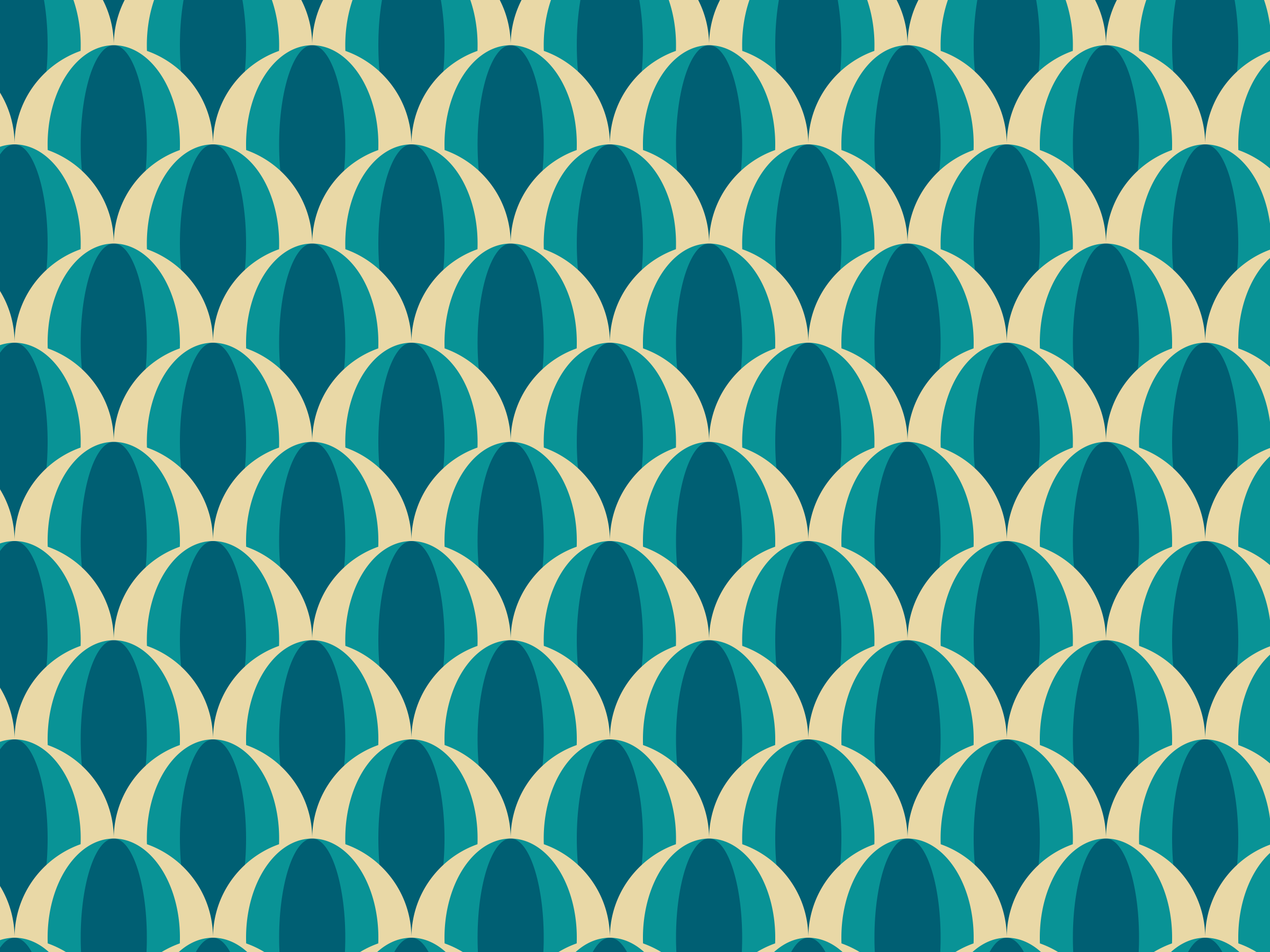 A repeating geometric pattern with teal, navy, beige, and cream colors forming a symmetrical, stylized shell or leaf motif.