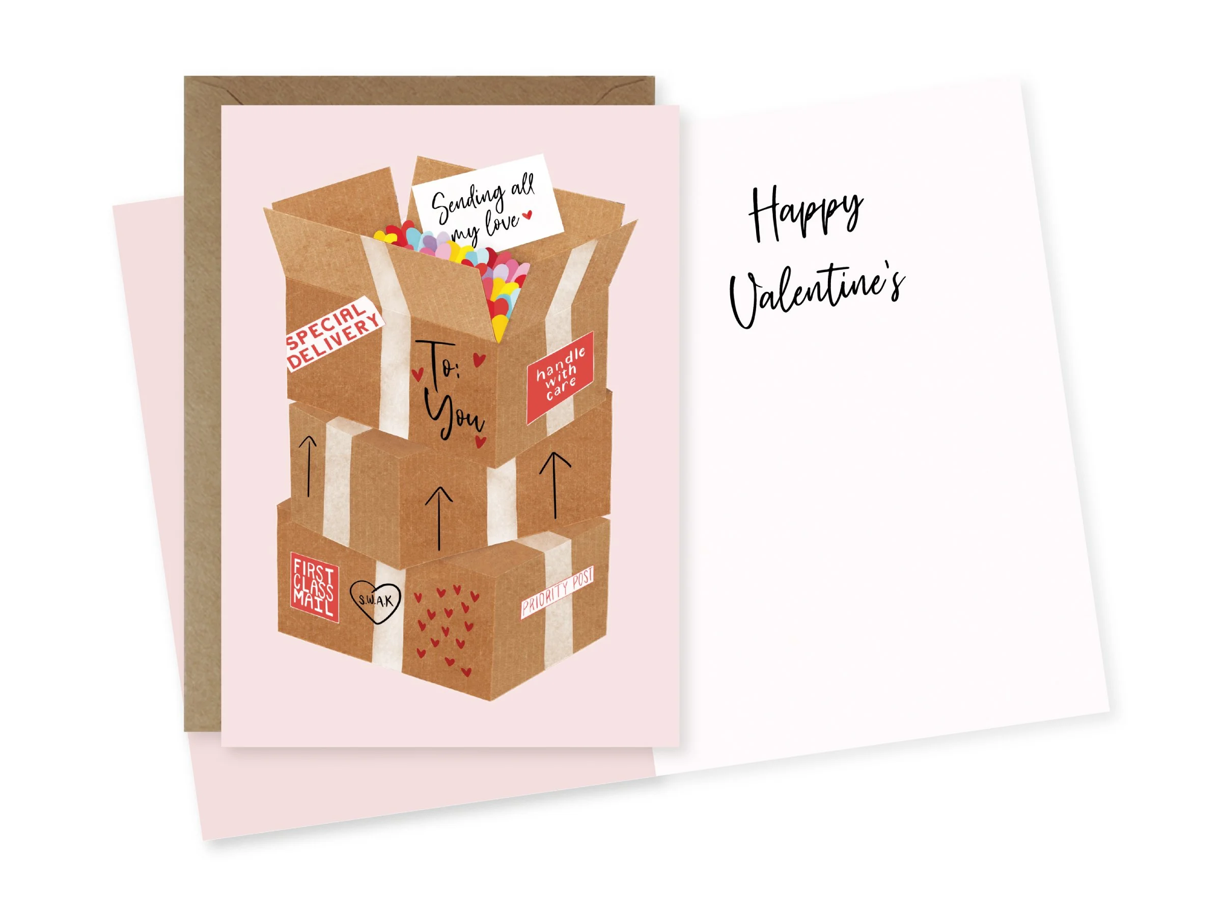 Valentine's Day card with a brown paper box filled with colorful hearts and a note that says 'Sending all my love.' The card also has labels reading 'Special Delivery,' 'Handle with Care,' and 'First Class Mail.' The background includes a white envel