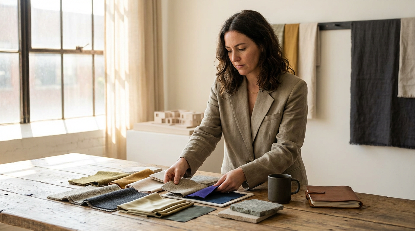 A woman in a beige blazer looking at fabric samples spread out on a wooden table in a bright room with large windows.