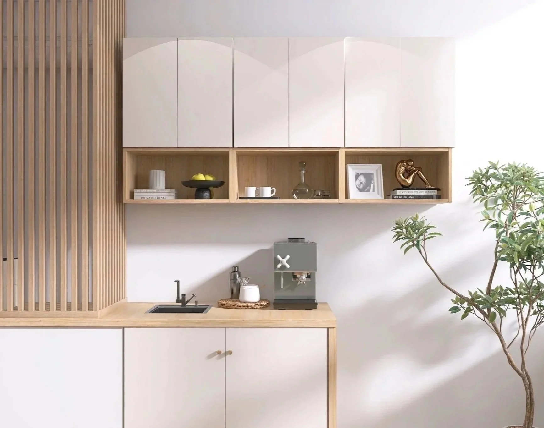 Living room with gray chairs, a beige rug, wooden flooring, a wooden cabinet, and wall storage units.
