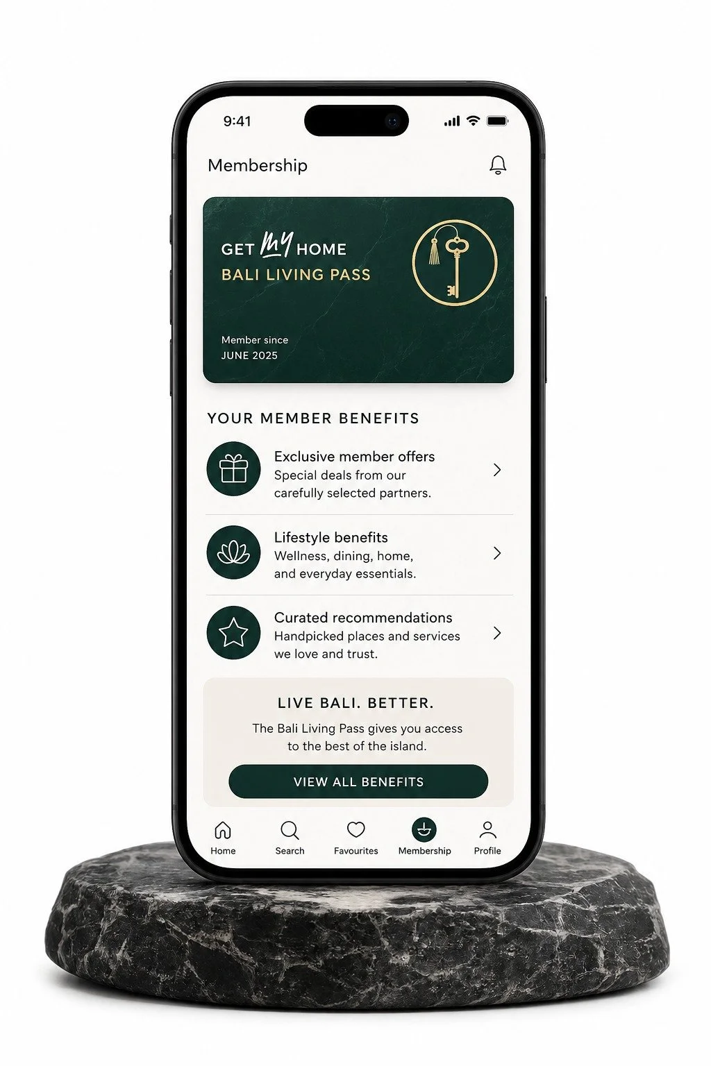 GET MY HOME Pass inside the GET MY HOME app with exclusive benefits for living in Bali.