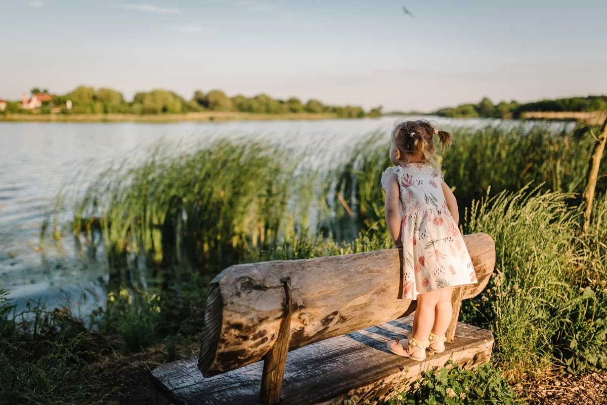 A young girl with pigtails in a floral dress stands on a wooden bench by a river, looking out at the water and the landscape beyond.