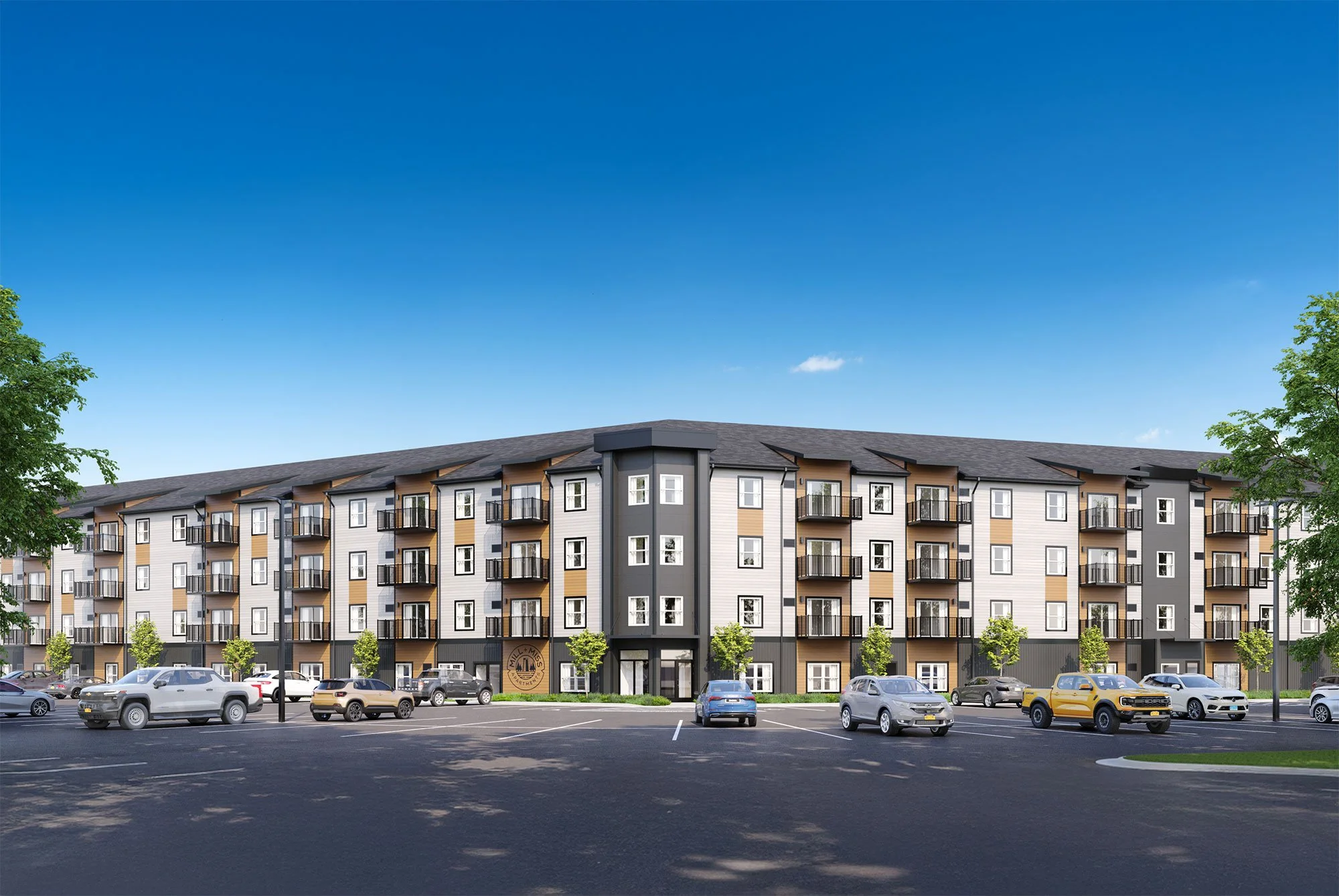 Mill + Miss Apartments in Grand Rapids, MN rendering of a multistory residential apartment building with a parking lot in front, several cars parked, and trees lining the street under a clear blue sky.