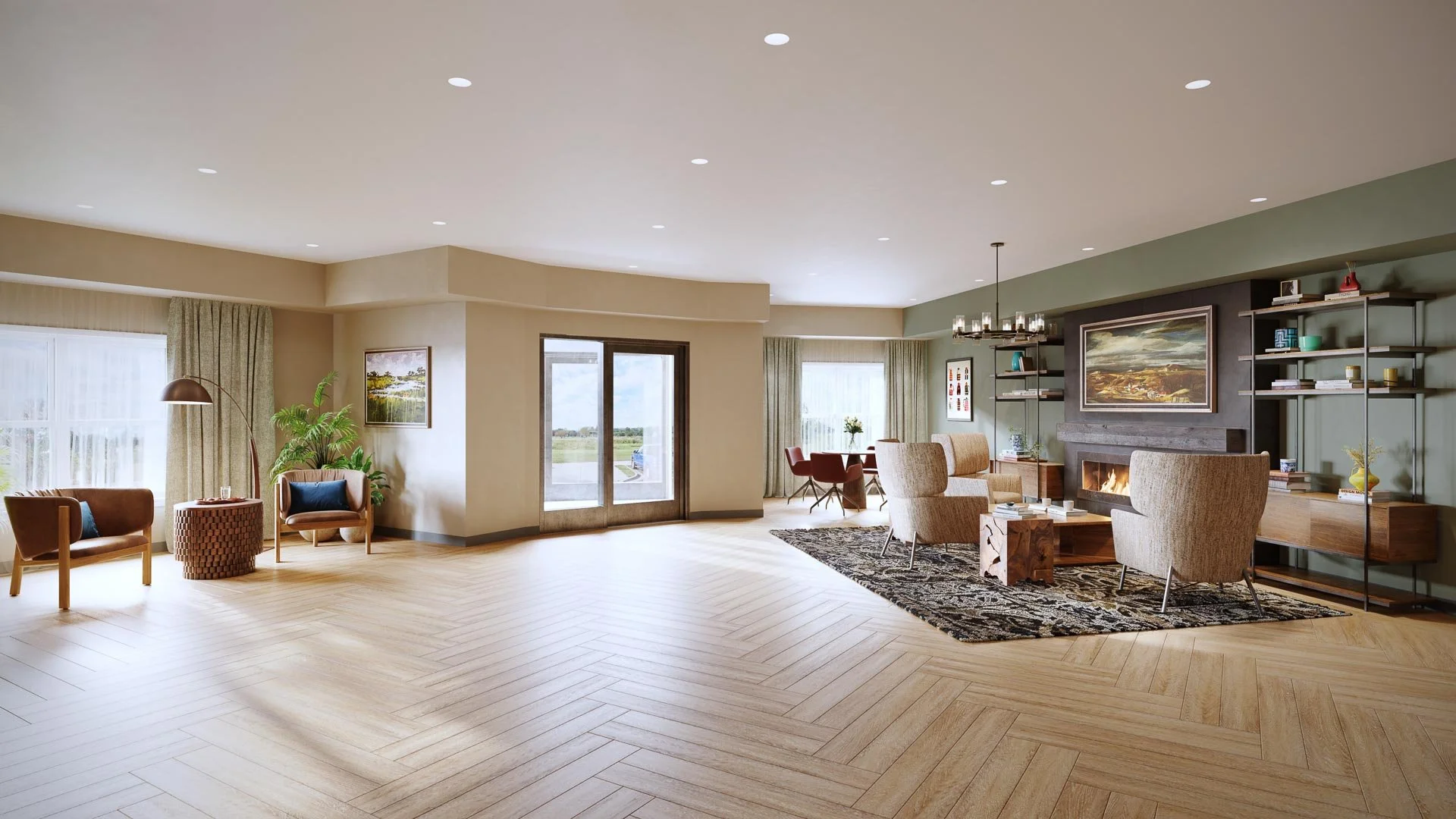 Spacious entry way for an apartment with beige walls, large windows with curtains, a fireplace with artwork above it, seating area with four beige chairs, and a dining area in the background at Mill Miss Apartments in Grand Rapids.