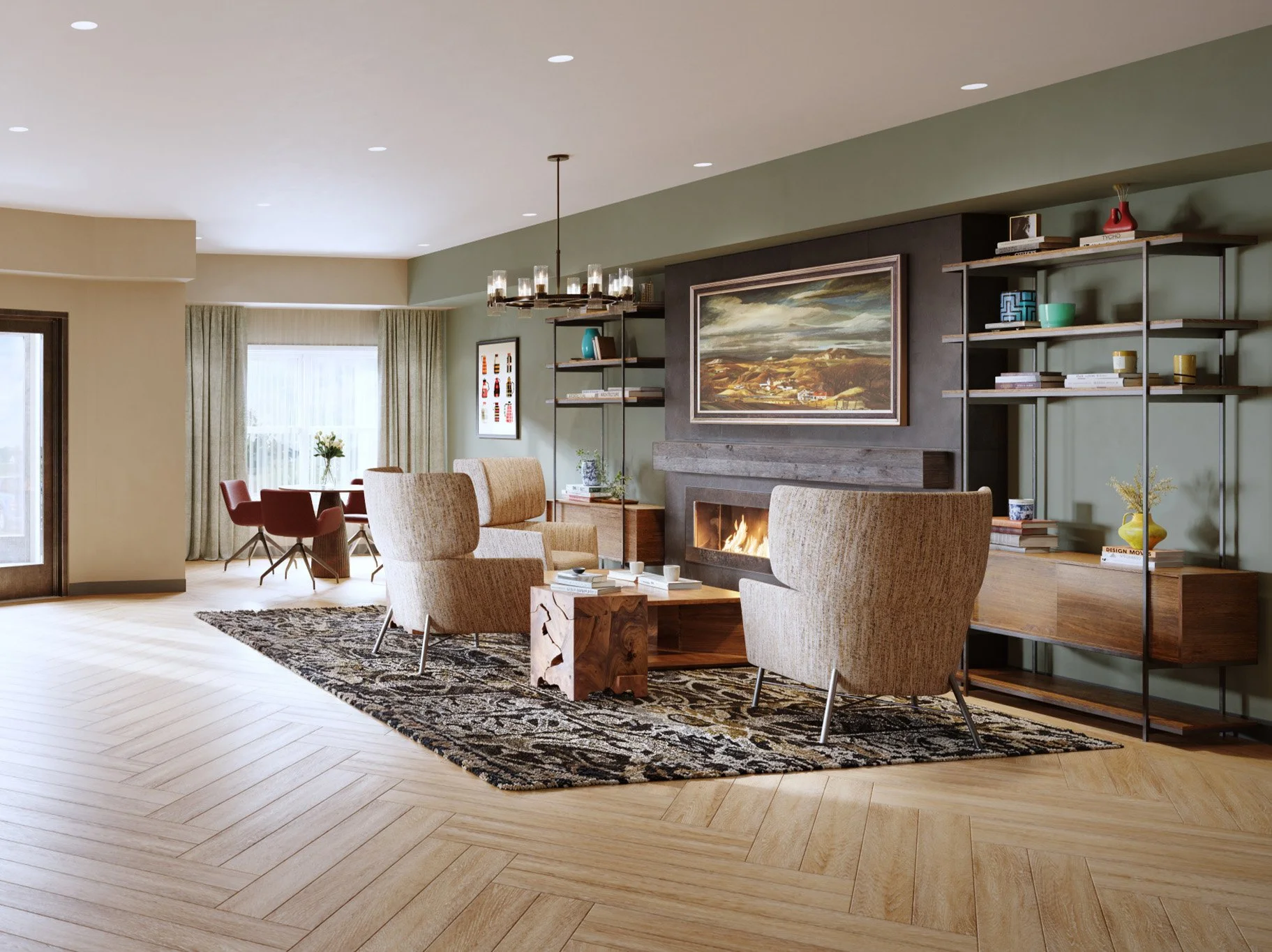 Living room with a fireplace, beige armchairs, a rug, a wooden coffee table, a bookshelf with decorations, and a painting above the fireplace. There is a dining area with a table, red chairs, and a window with drapes.