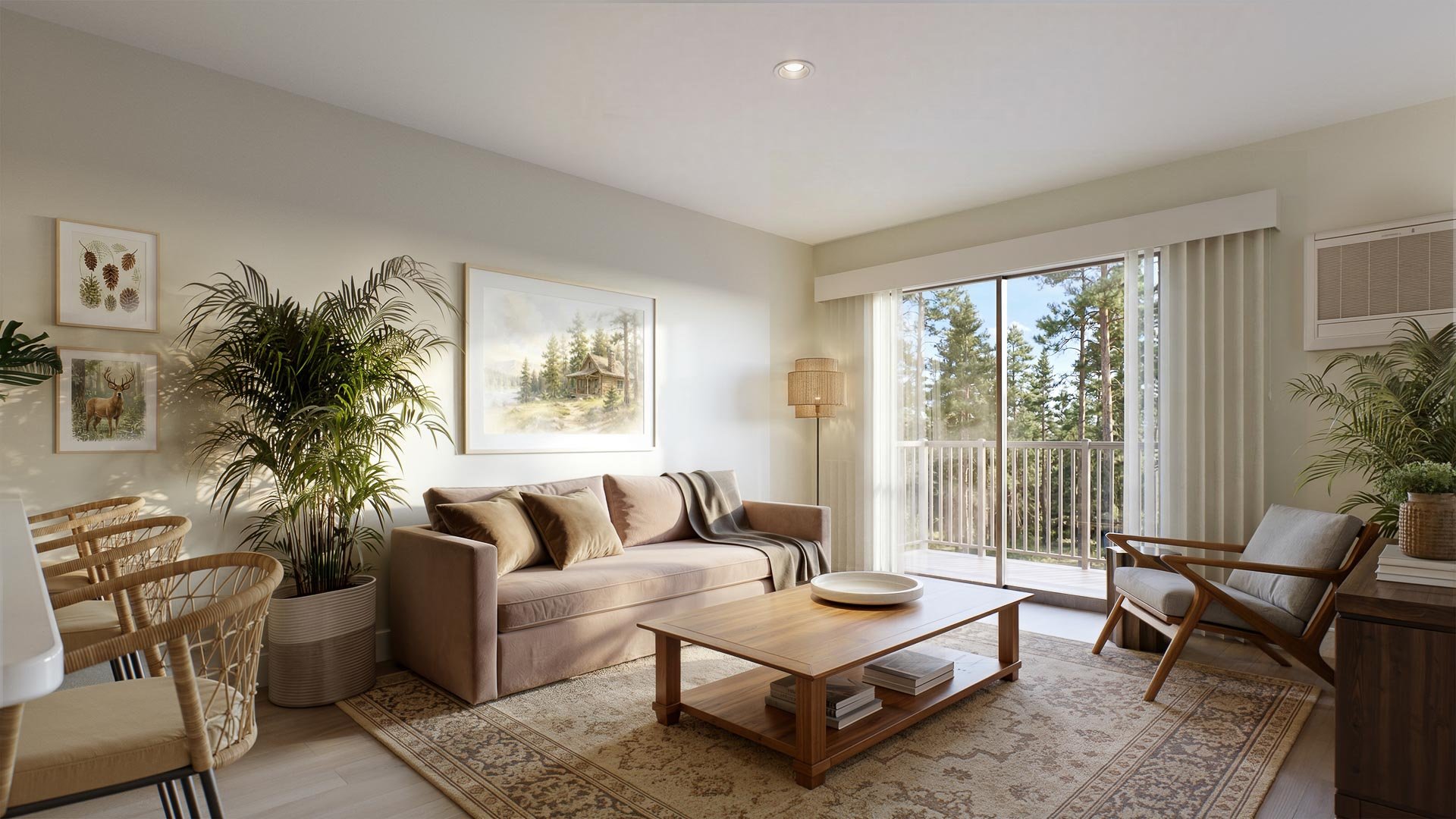 Living room with beige couch, armchair, wooden coffee table, indoor plants, wall art, and large sliding glass door overlooking a forested balcony at Mill + Miss Apartments in Grand Rapids, MN.