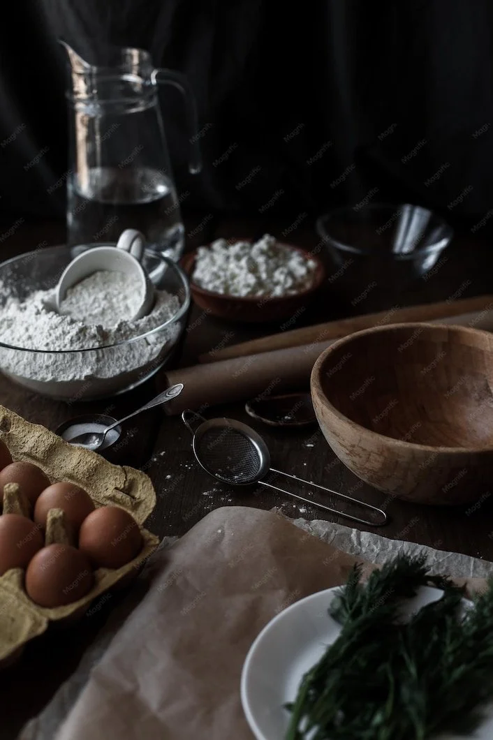 A kitchen countertop with baking ingredients and tools: eggs in a carton, a glass of water, bowls of flour, a wooden bowl, a rolling pin, a sieve, a plate with green herbs, and a measuring cup.