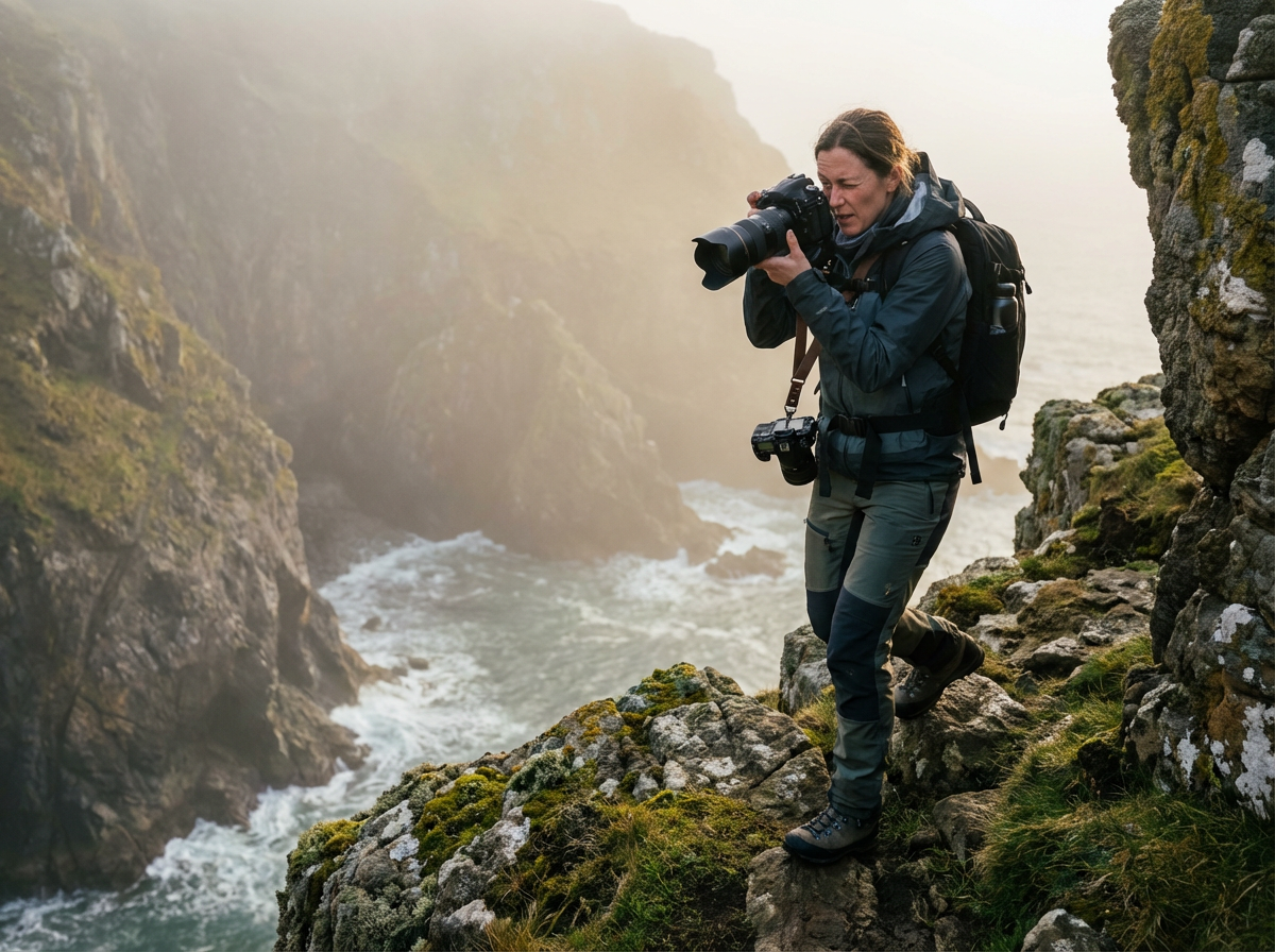 A woman with a backpack and camera gear, standing on rocky terrain by the ocean, taking a photograph of the ocean landscape with a camera.