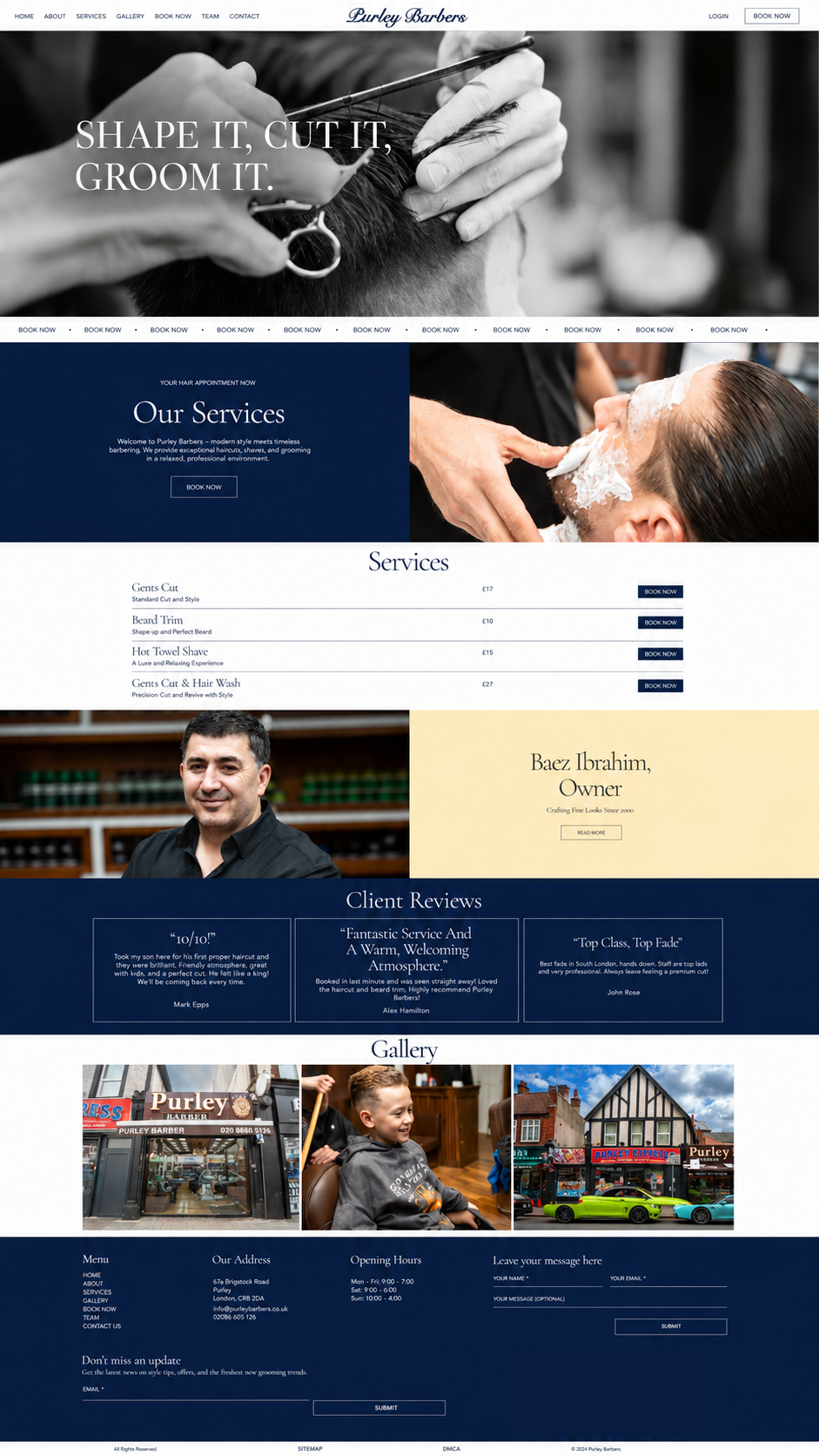 Purley Barbers homepage showing service information, customer reviews and contact details.