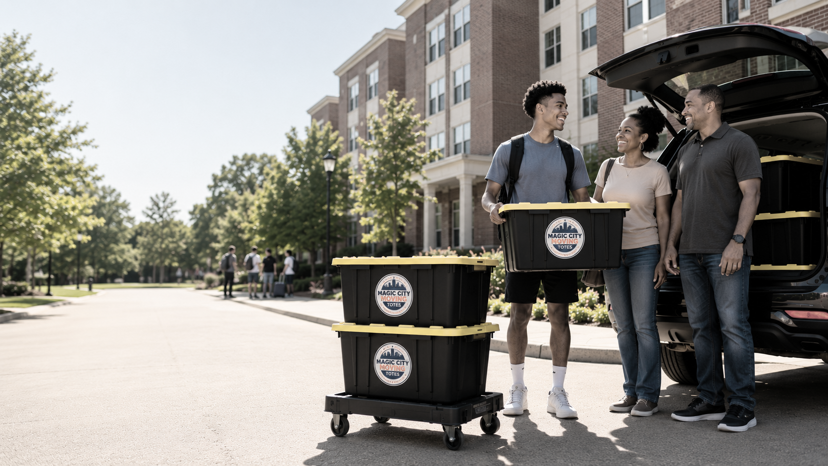 Three people are standing outside near a car, holding moving bins labeled 'Magic City Moving Totes,' with a building and trees in the background.