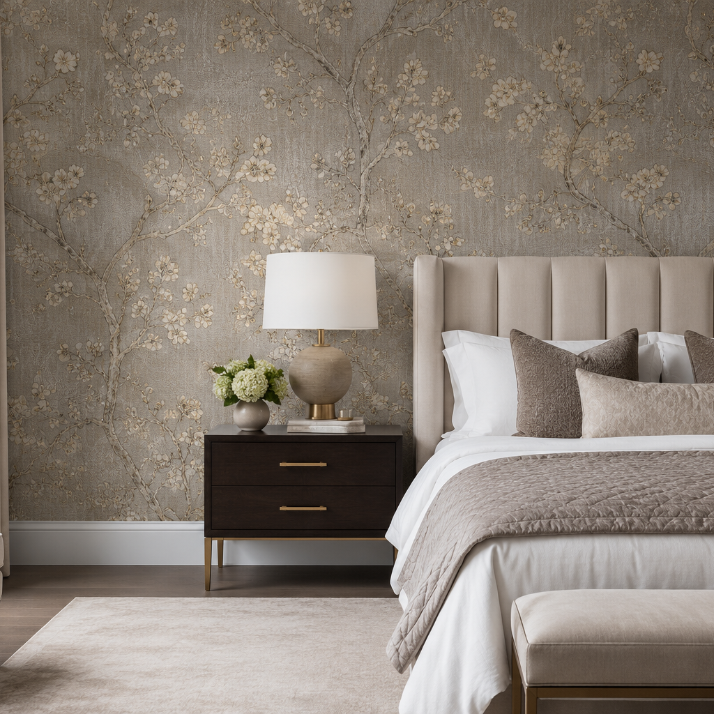 Wallpaper installation feature wall in a finished bedroom interior