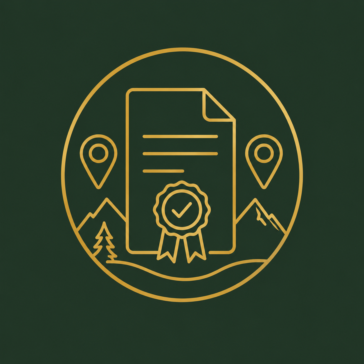 Gold line drawing of a certificate with a checkmark ribbon, flanked by mountain and pine tree icons, with map pins in a circular design on a dark green background.