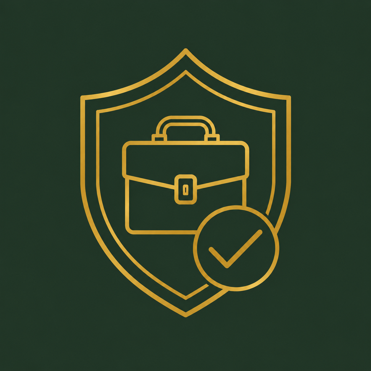 A gold outline of a briefcase inside a shield with a checkmark in a circle, symbolizing security or protection.