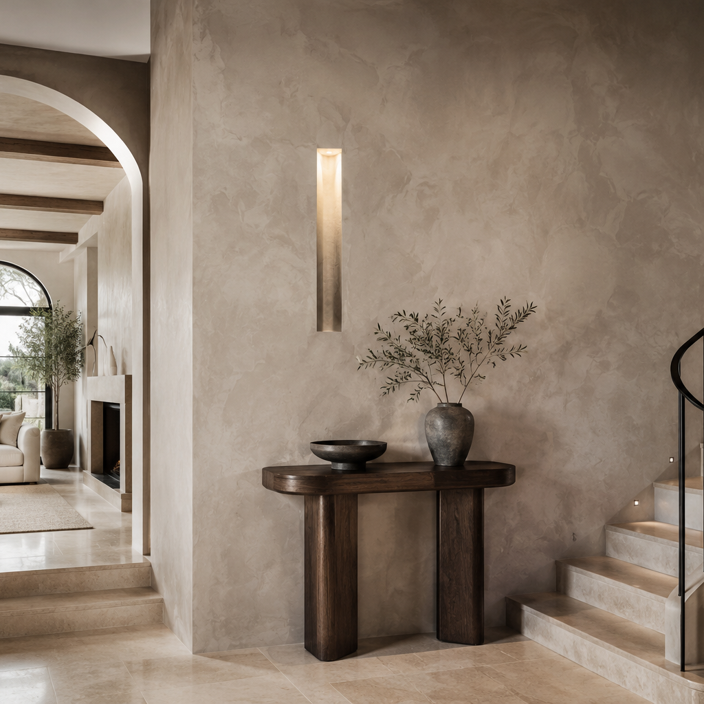 Decorative plaster wall finish in a refined interior entryway