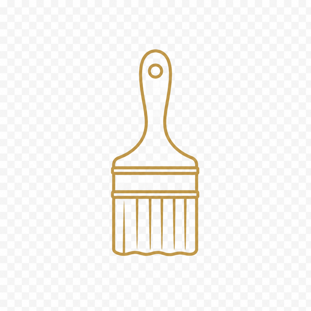 Line drawing of a paintbrush with a textured bristle end, a long handle, and a small hole at the top for hanging.