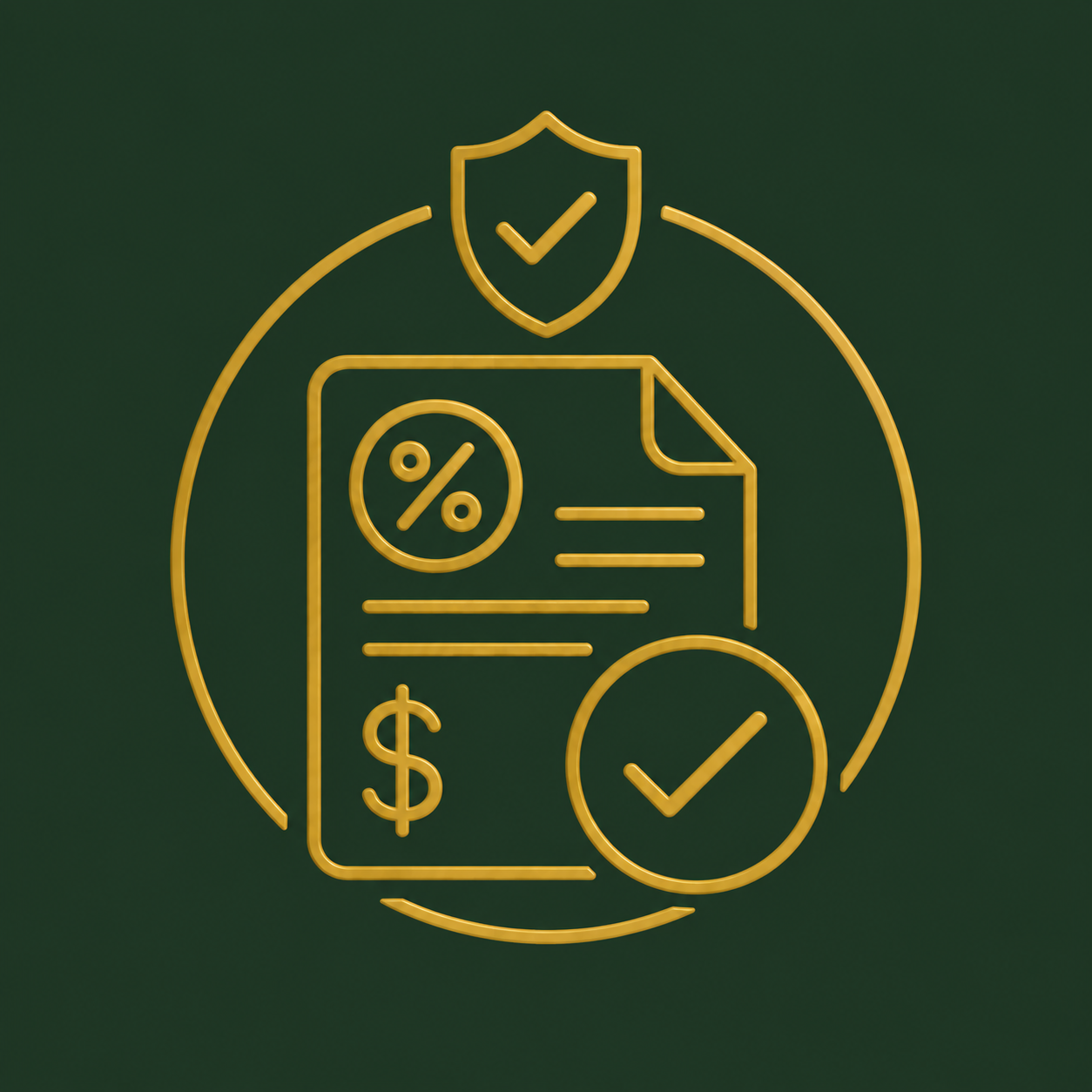 Gold outline of financial documents, a percentage symbol, dollar sign, shield with check mark, and check mark in circle on a green background.