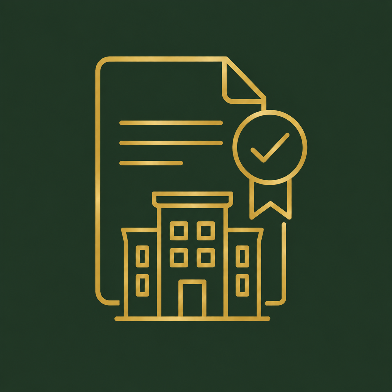 Gold outline of a certificate with a checkmark, a ribbon, and a building, symbolizing official recognition or accreditation.