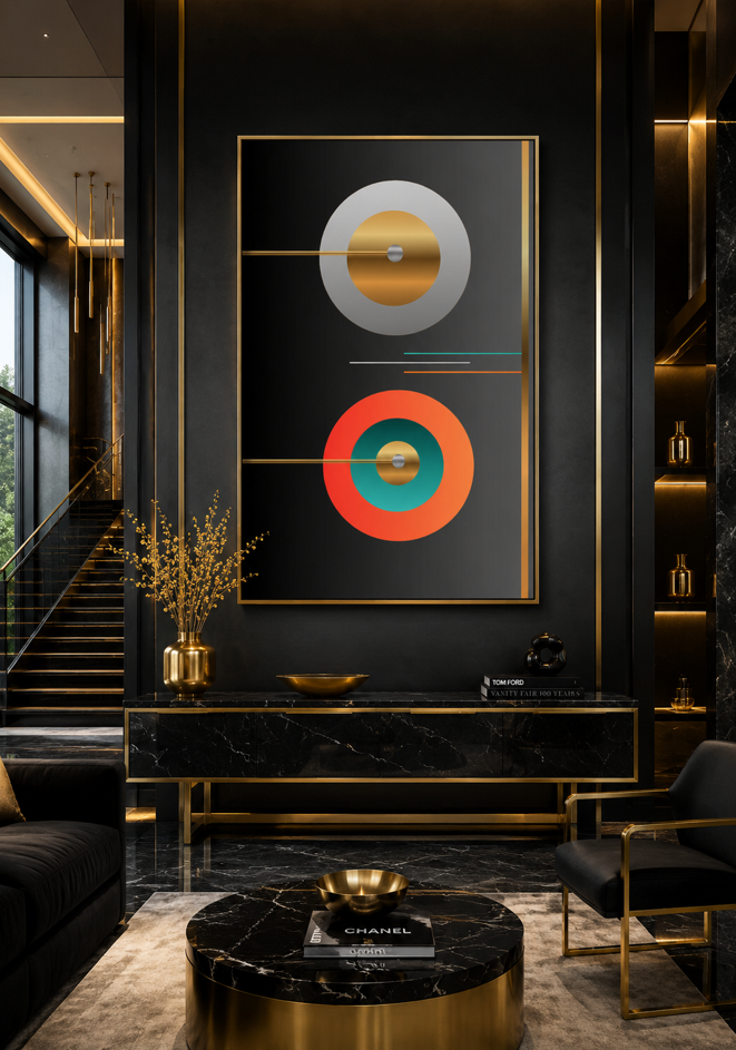 Luxury penthouse living room featuring Lunar Orbits geometric wall art in black, gold, coral, and teal displayed above a sleek marble console with contemporary furnishings and elegant architectural details. Designed by Dee Tirang.