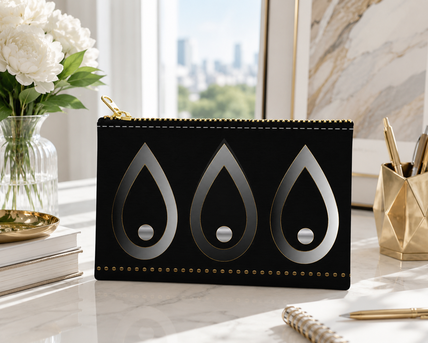 Modern black zip pouch featuring abstract silver geometric teardrop motifs with gold accents, displayed on a bright luxury workspace.
