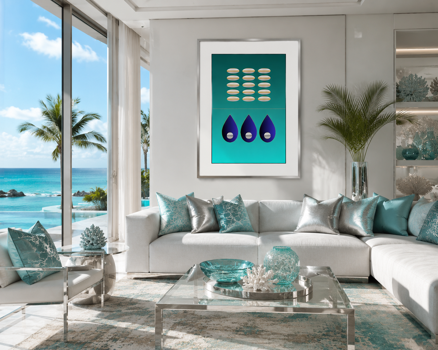 Azure Abundance abstract geometric wall art displayed in a bright luxury coastal living room with teal accents, ocean views, and modern contemporary décor.