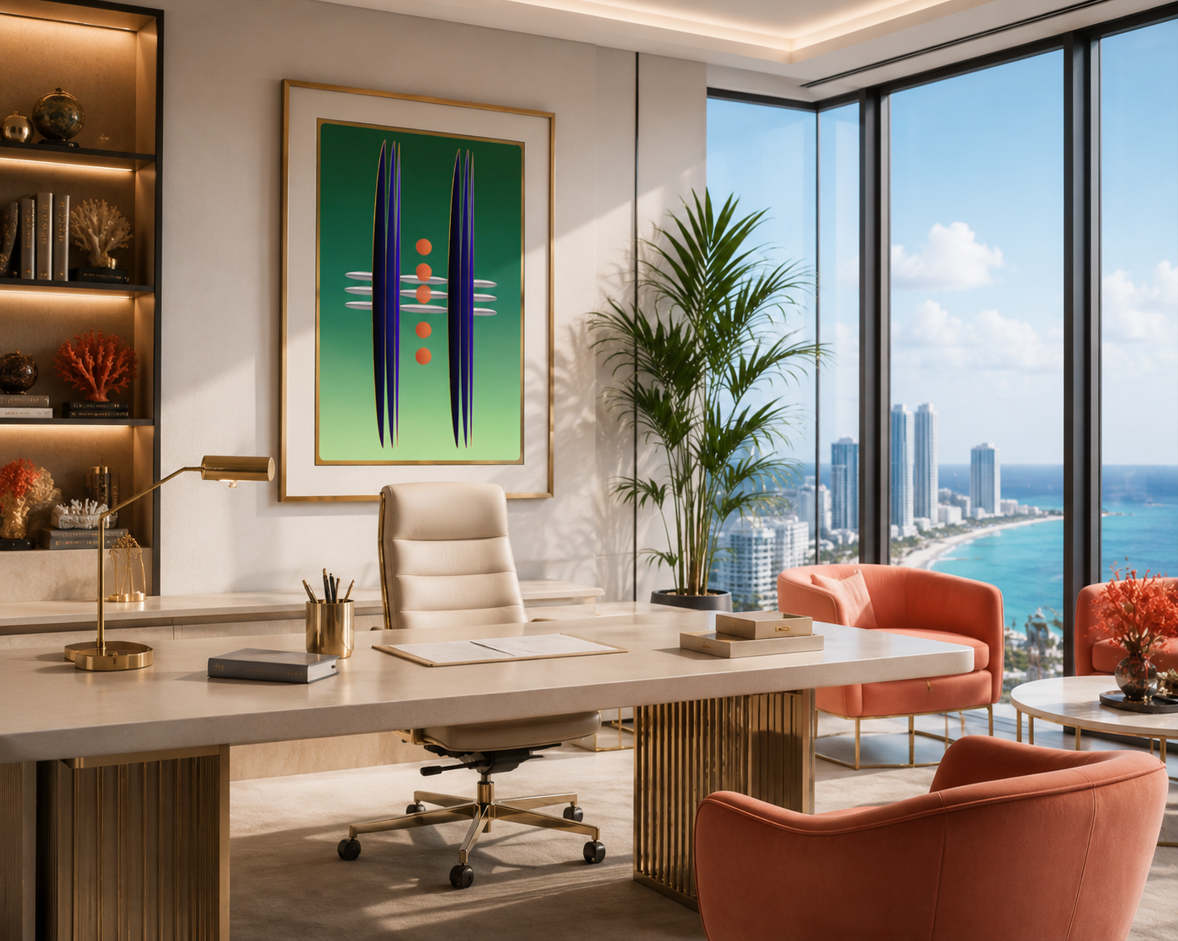 Emerald Meridian abstract artwork by Dee Tirang displayed in a modern office