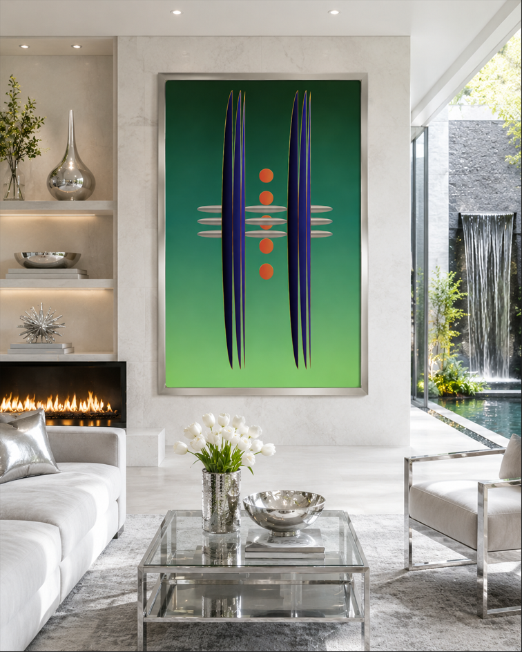 Emerald Meridian Geometric Art in a luxury modern place by a fireplace and water fall outside. Design by Dee Tirang.