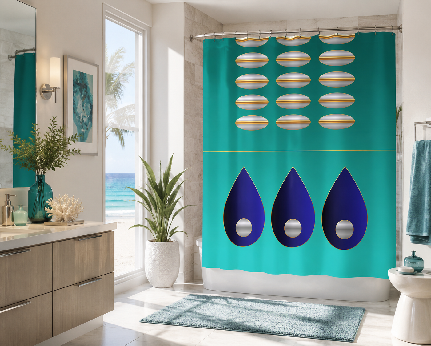 Azure Abundance geometric shower curtain displayed in a bright luxury coastal bathroom with teal accents, ocean views, and modern contemporary décor. designed by Dee Tirang