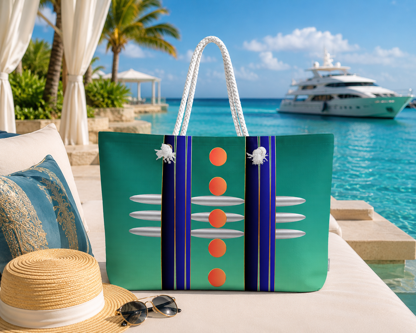 Luxury coastal resort featuring the Emerald Meridian weekender tote bag with original geometric artwork in emerald green, deep blue, silver, and coral tones by Dee Tirang.