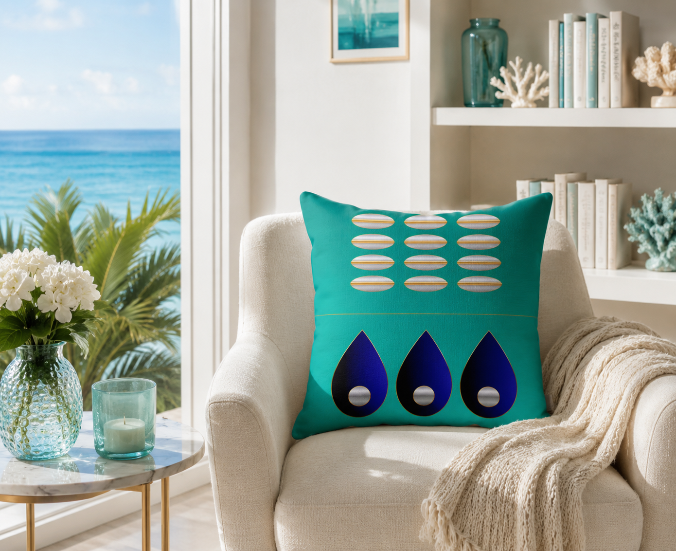 Azure Abundance Throw Pillow by Dee Tirang.png Azure Abundance abstract geometric wall art displayed in a bright luxury coastal living room with teal accents, ocean views, and modern contemporary décor.