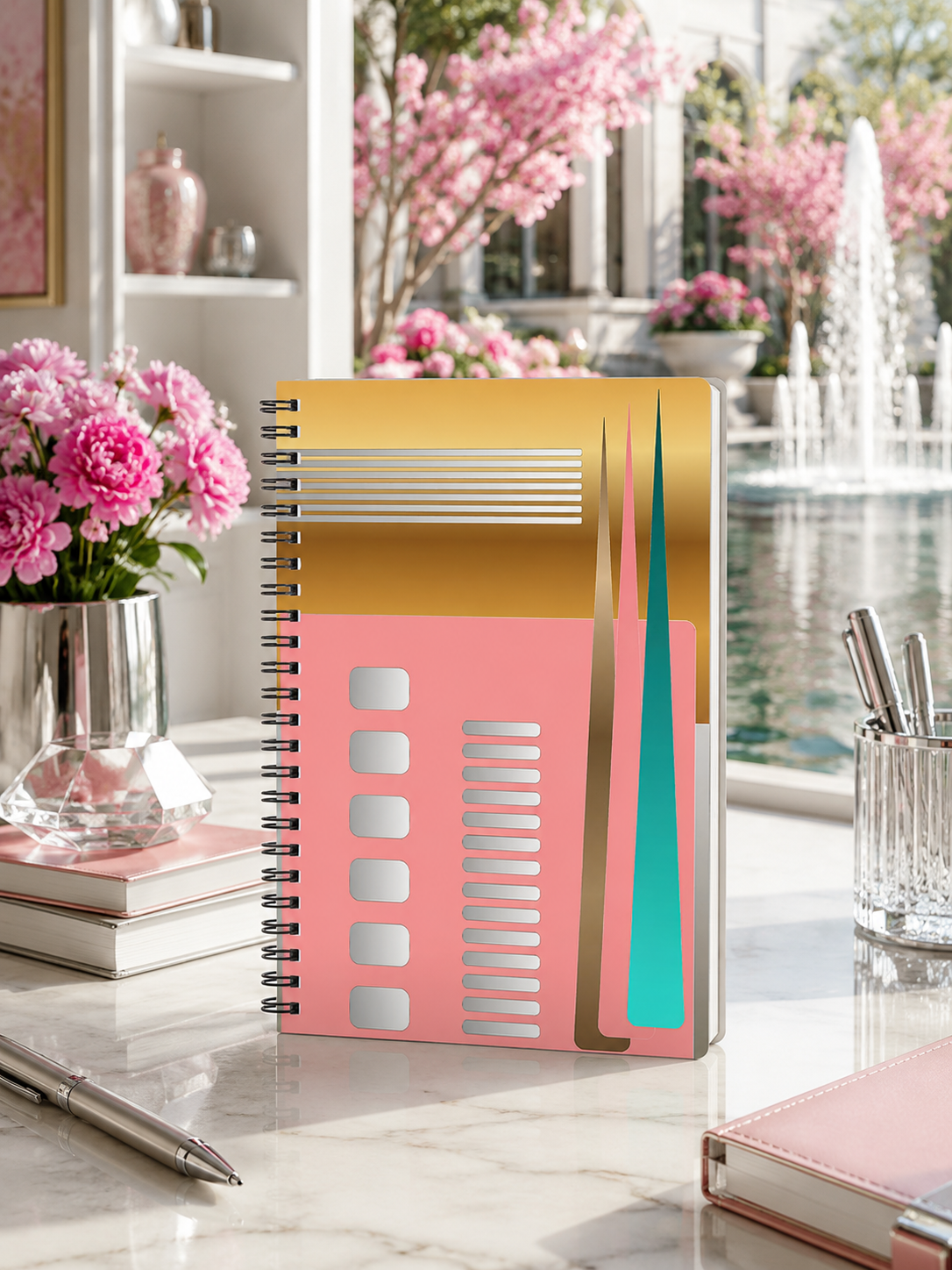 Blush Spire Pink Gold and Teal Abstract Geometric Design Cover Spiral Notebook. Designed by Dee Tirang. Available on Fine Art America,