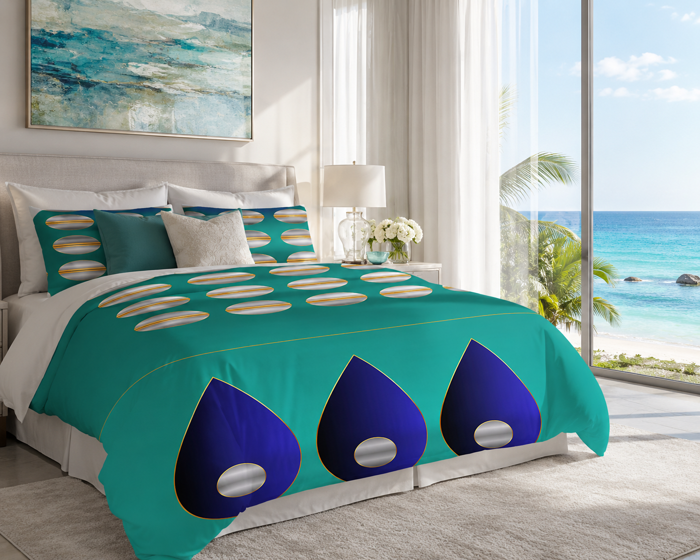 Azure Abundance geometric duvet cover displayed in a bright luxury coastal bedroom overlooking the ocean with modern teal and blue décor. desgned by Dee Tirang