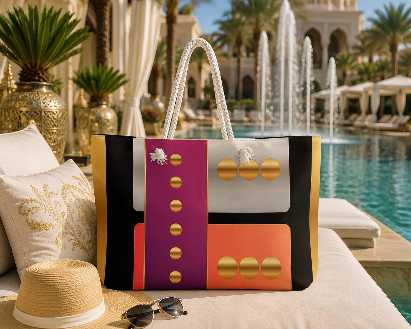 Luxury resort poolside featuring the Magenta Machine weekender tote bag with vibrant magenta, coral, gold, black, and ivory geometric artwork by Dee Tirang.