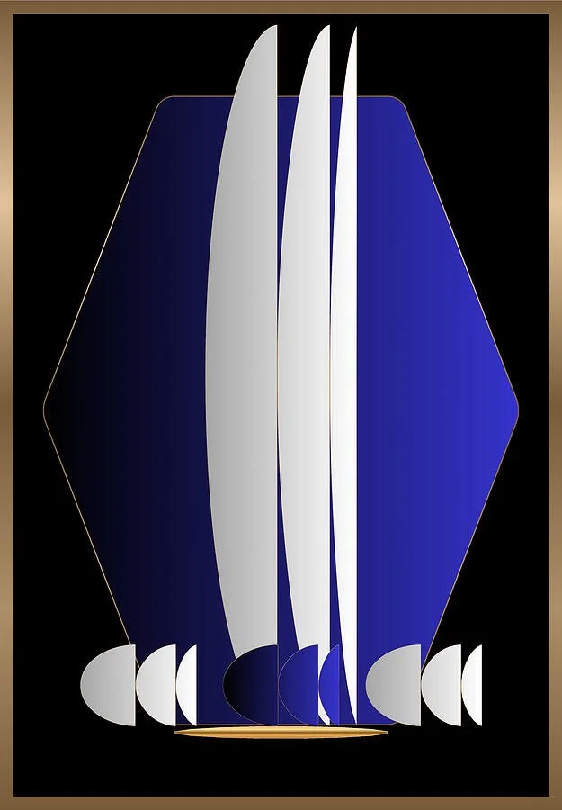 Minimal Geometric Sailboat Navy Blue and Gold Abstract Dark Version