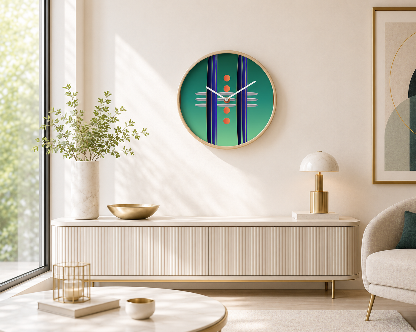 Modern round wall clock featuring emerald green and sapphire blue geometric artwork with gold accents displayed in a bright contemporary living room. Art by Dee Tirang