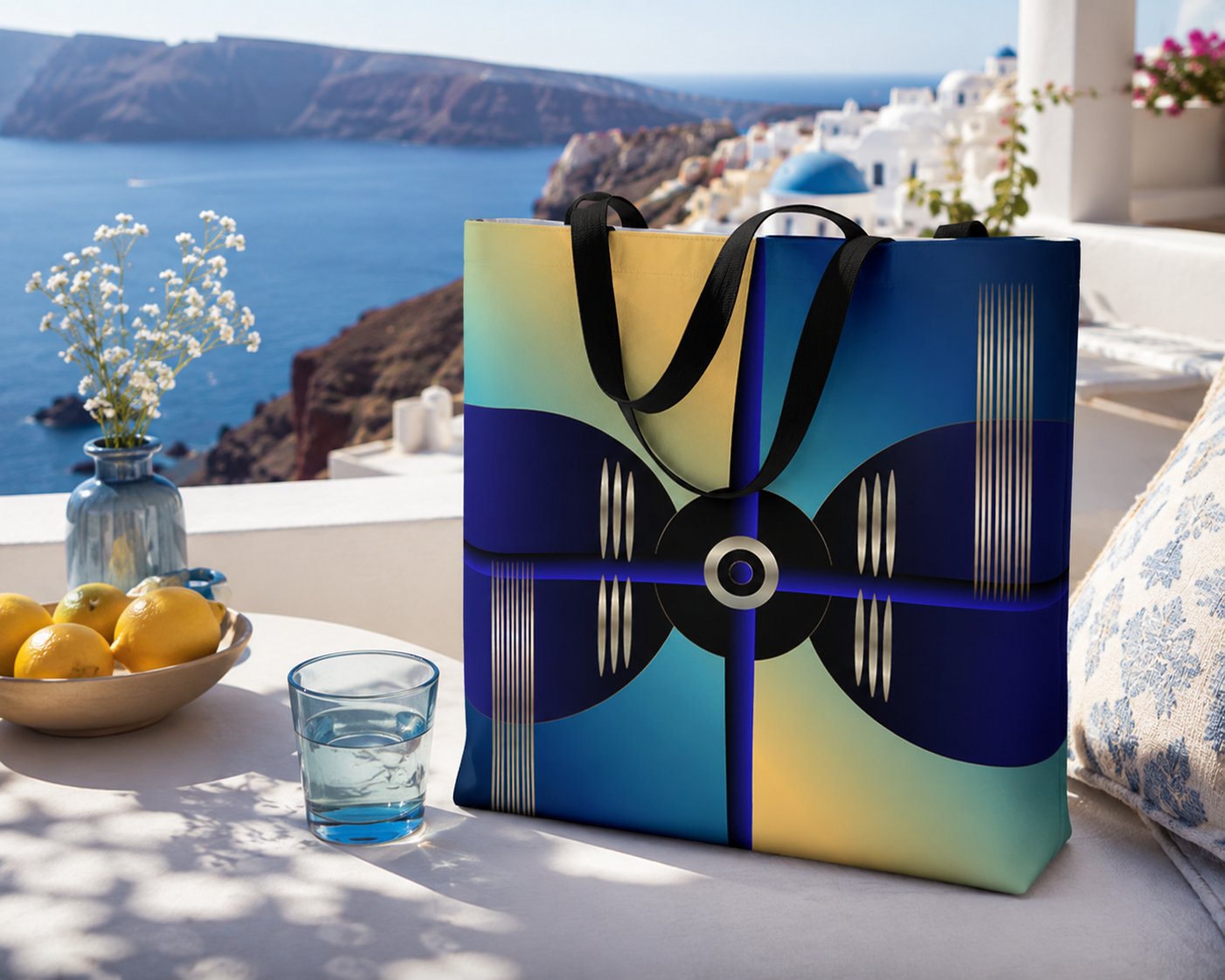 Infinity Meridian geometric tote bag displayed on a terrace overlooking a beautiful Mediterranean coastline, featuring a bold blue and gold abstract design in a luxury travel setting.