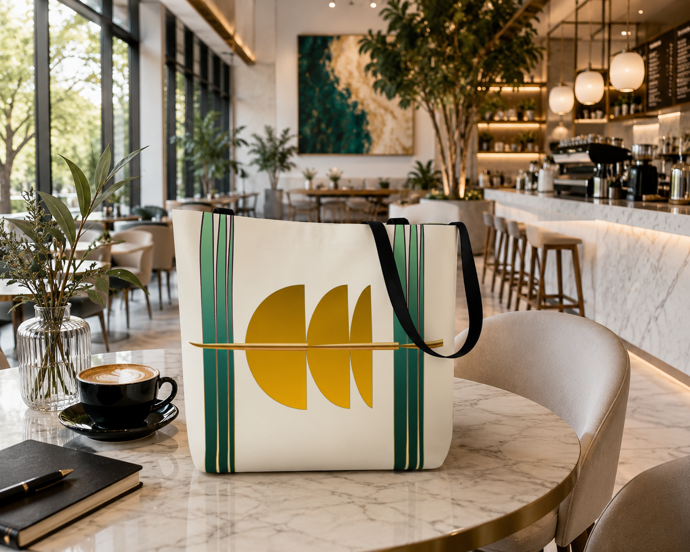 Modern geometric tote bag with emerald green and gold abstract artwork displayed on a marble café table in a bright contemporary coffee shop.