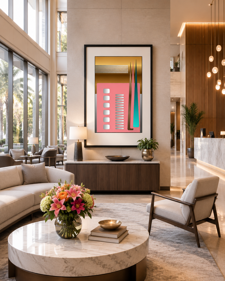 Modern hotel lobby with a marble coffee table, a colorful floral arrangement, a beige sofa, a light armchair, abstract artwork on the wall, tall windows, and wooden accents. Blush Spire Pink Gold and Teal Geometric Abstract Art Print by Dee Tirang