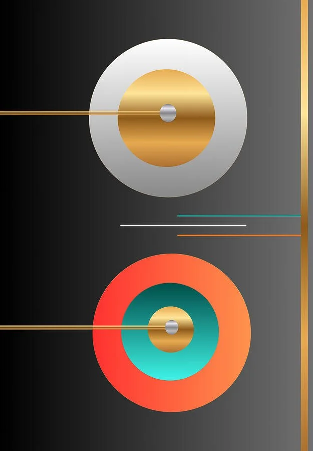 Lunar Orbits Black Gold and Coral Geometric Abstract Art by Dee Tirang