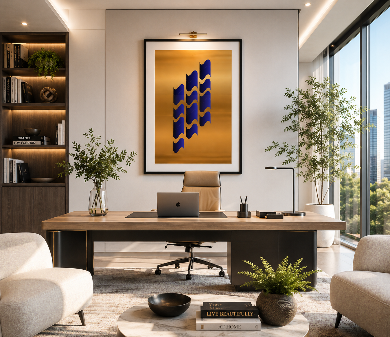 Aureate Tide abstract artwork by Dee Tirang displayed in a luxury executive office.