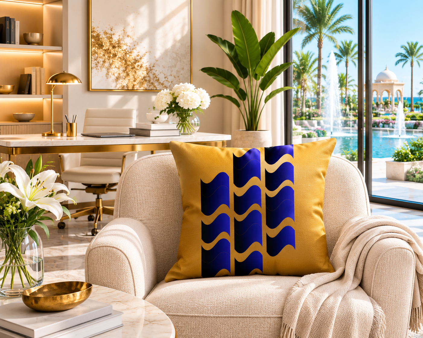 Luxury office and sitting area featuring the Aureate Tide geometric throw pillow with gold and deep blue abstract artwork in a modern resort-inspired interior.