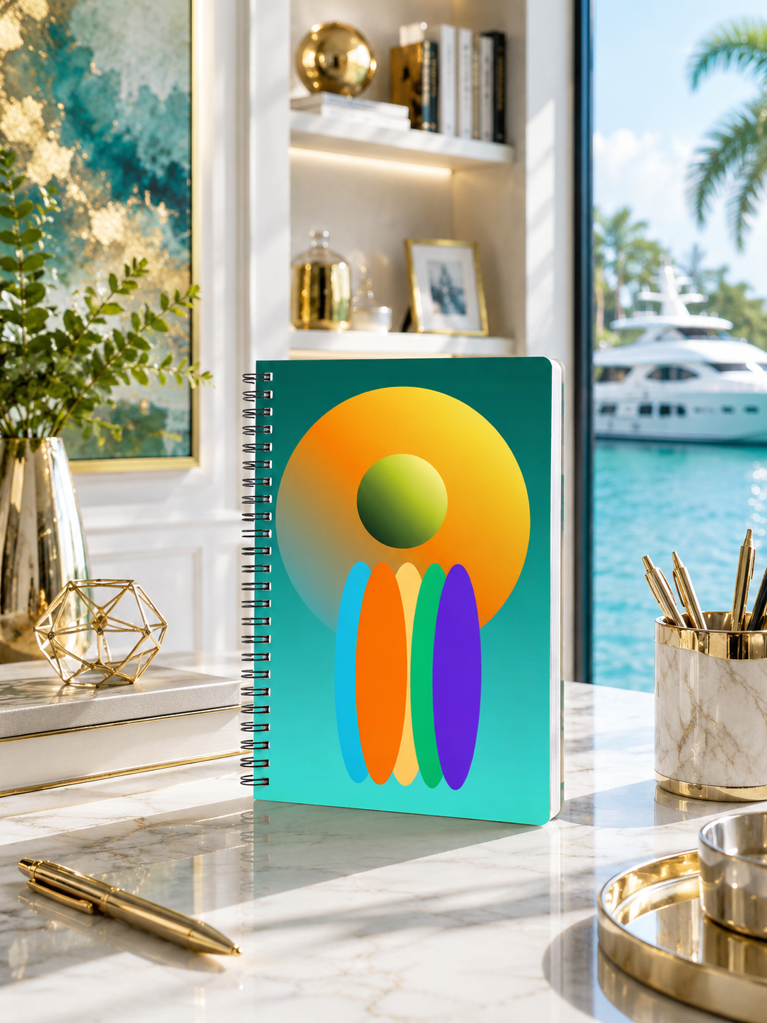 Sunset Totem Teal Orange and Gold Geometric Abstract Spiral Notebook. Design by Dee Tirang